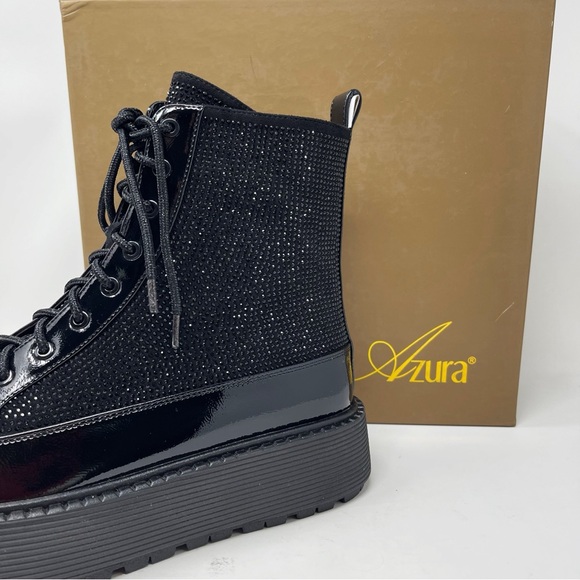 NWT Azura Livewire Patent Black Rhinestone Platform Bootie Combat Moto Size 9 - Picture 3 of 15
